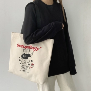 Japanese style cream white canvas tote bag with red typography and bear illustration