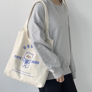 Dettaglio della borsa tote in tela color crema con simpatica illustrazione di un orso blu
