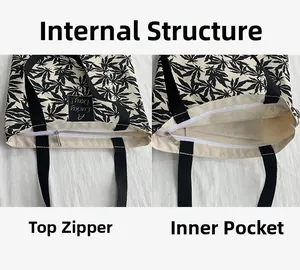 Vue détaillée du sac en toile avec fermeture éclair et poche de rangement interne
