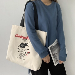 Japanese style large capacity canvas tote bag with bear print and black shoulder strap
