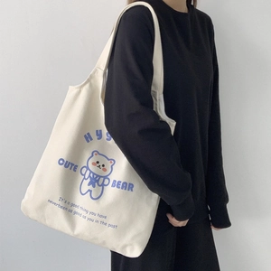 Borsa tote minimalista in tela bianca con stampa orso blu per lo stile quotidiano
