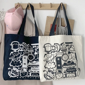 Japanese style large canvas tote bag set with cute cartoon food illustrations in navy and beige