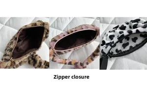 Detailed view of plush leopard and cow print bags featuring secure zipper closure