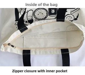 Detail of canvas tote bag featuring a zipper closure and interior open pocket