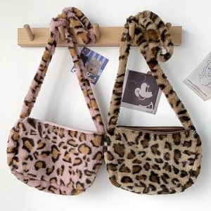 Leopard Print Plush Crossbody Bag Faux Fur Shoulder Dumpling Pouch Zipper Closure Vintage For Women