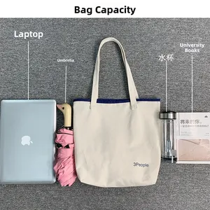Dettaglio della borsa tote in tela che mostra la capienza per laptop e accessori