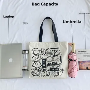 Large capacity canvas tote bag showing interior space with laptop and daily essentials