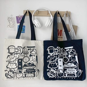Japanese style canvas tote bags with cute food illustrations in cream and navy blue
