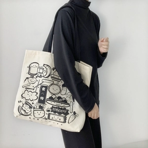 Japanese style canvas tote bag with cute cartoon food illustrations and daily slogans