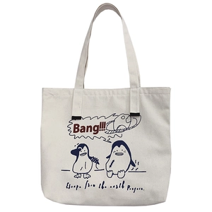 White canvas tote bag featuring blue penguin cartoons and Bang text illustration