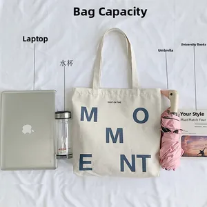 Detail view of large capacity canvas tote bag holding a laptop and various daily items