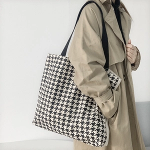Große Kapazität Canvas Tote Bag Hahnentritt Muster Retro Schulter Handtasche Mit Reißverschluss Für Damen Alltag