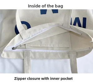 Detail of canvas tote bag showing top zipper closure and inner storage pocket