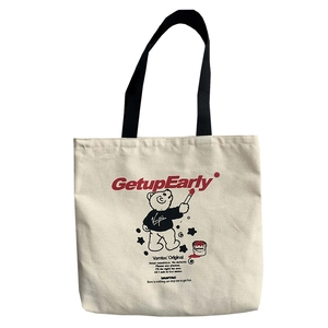Japanese style canvas tote bag with GetupEarly cartoon bear print and black straps
