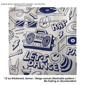 Close-up of thick beige canvas fabric texture with blue hip-hop radio and music prints