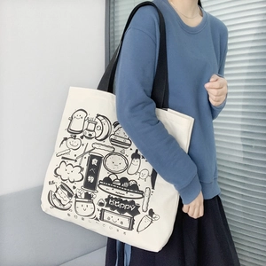 Japanese style white canvas tote bag with cartoon food illustrations and black straps