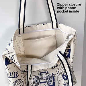 Detail of canvas tote bag showing top zipper closure and inner phone pocket lining