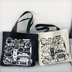 Women Canvas Tote Bag Large Capacity Cartoon Food Print Japanese Harajuku Style Shoulder Handbag With Zipper Pocket