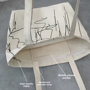 Detail of the canvas tote bag showing the top zipper closure and reinforced shoulder strap
