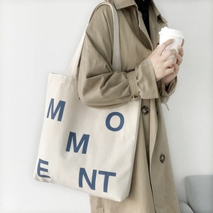 Canvas Tote Bag Large Capacity Letter Print Moment Zipper Shoulder Handbag Urban Minimalist For Women