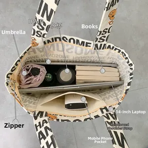 Top view of canvas tote bag interior showing capacity for 14-inch laptop and books