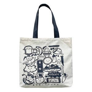 Japanese style canvas tote bag with cute food illustration and navy blue handles