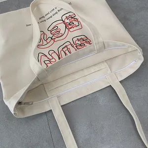 Detail view of canvas tote bag featuring metal zipper closure and inner zip pocket
