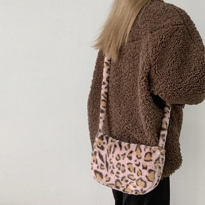 Pink leopard print plush shoulder bag with matching faux fur wide strap for women
