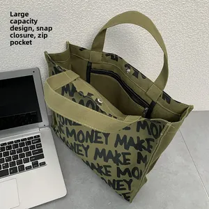 Detail of army green canvas tote with snap button closure and inner zipper pocket