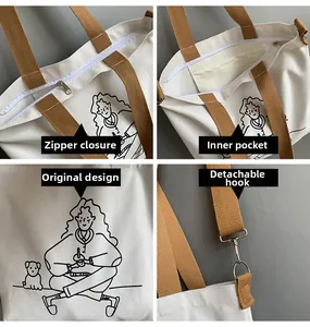 Detail view of canvas tote features metal zipper, inner pocket and dog illustration