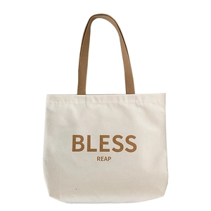 Borsa tote minimalista in tela da donna con stampa Bless Reap e manici marroni