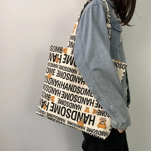 Japanese style canvas tote bag with Handsome text and cartoon bear print for women