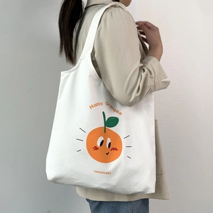 Borsa tote in tela bianca stile giapponese con stampa arancione e testo Happy Oranges