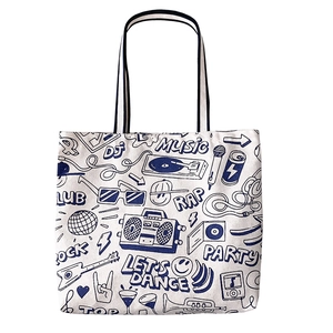 Canvas tote bag with blue music doodle art, featuring double handles for daily casual use