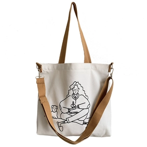 Japanese style cream canvas tote with cute cartoon sketch and adjustable brown straps
