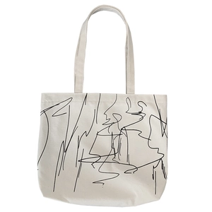 Minimalist canvas tote bag with abstract black line art and dual top handles for women