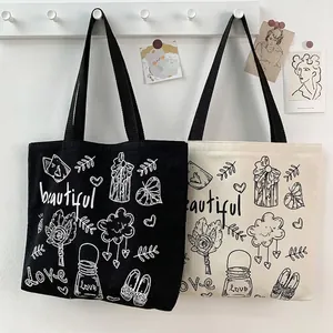 Borsa tote in tela artistica con graffiti fatti a mano, disponibile in nero e bianco
