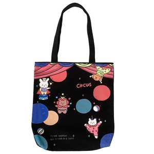 Große schwarze Canvas-Einkaufstasche mit Zirkus-Print und niedlichen Tiermustern für Damen