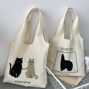 Japanese style canvas tote bag with cute cat illustrations and large capacity design