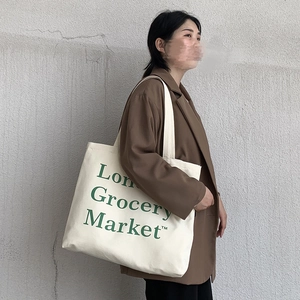 Minimalist canvas tote bag for women with London Grocery Market print and large capacity
