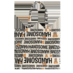 Minimalist canvas tote bag featuring brown cartoon bear prints and black text patterns