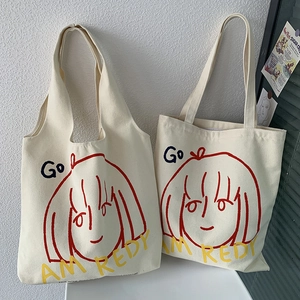 Artistic canvas tote bag with red line girl illustration and sturdy handles