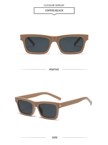 Detail view of coffee square frame sunglasses showing front and side metal hinge accents