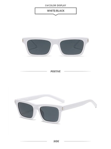 Detailed view of white square sunglasses showing positive and side profile structures