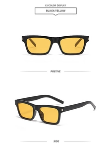 Front and side views of vintage square black frame sunglasses with yellow tinted lenses