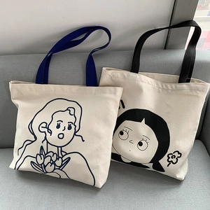Minimalistische Canvas-Einkaufstaschen mit niedlichen Figuren und Doppeltaschen
