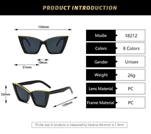 Detailed size chart for cat eye sunglasses showing 150mm width and PC frame specs