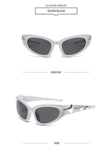 Détails de lunettes de soleil œil-de-chat punk argentées avec ornements étoiles