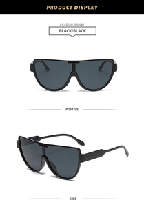Front- und Seitenansicht der stilvollen schwarzen rahmenlosen Schild-Sonnenbrille