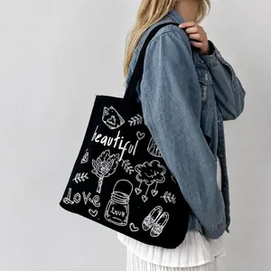 Dettaglio della borsa tote in tela nera con motivi floreali bianchi e scritte a mano